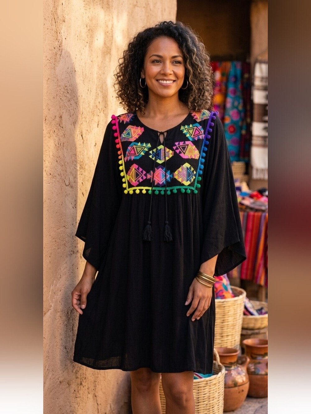 NWT Black Velzera Long Sleeve Dress With Floral Embroidery Size One Size BOHO